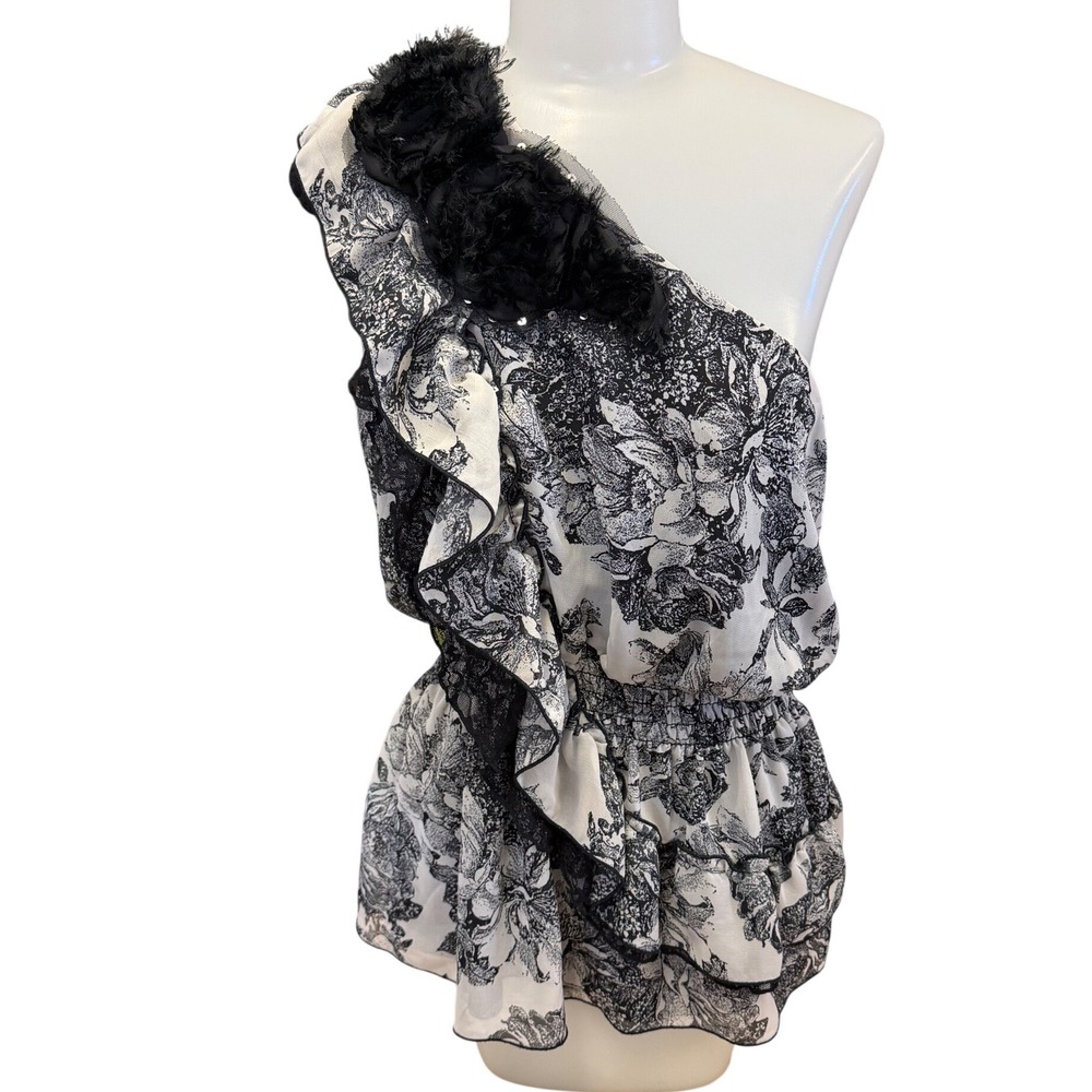 Studio Y‎ One Shoulder Y2K Romantic Black White Floral Lace Ruffle Peplum Large